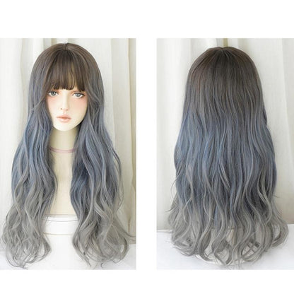 Gradient Fog Blue Gray Long Hair Wig - 68Cm Length-1915196898084524033