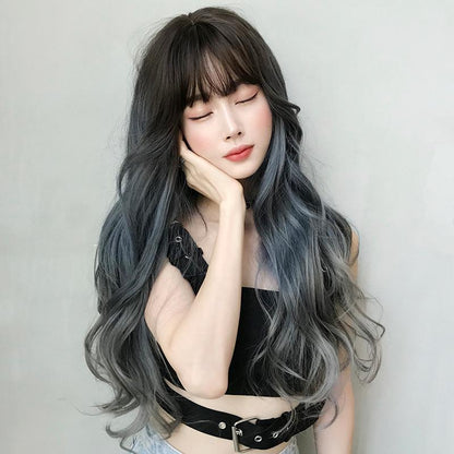 Gradient Fog Blue Gray Long Hair Wig - 68Cm Length-1915196898084524036