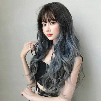 Gradient Fog Blue Gray Long Hair Wig - 68Cm Length-1915196898084524038