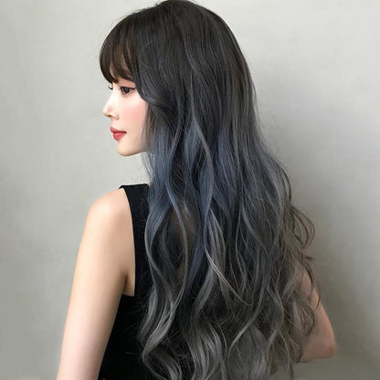 Gradient Fog Blue Gray Long Hair Wig - 68Cm Length-1915196898084524040