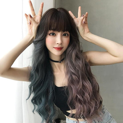 Gradient Mint Cherry Long Hair Wig - 76Cm Full Bangs-1915197128527974404