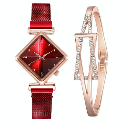 Red Diamond Dial Quartz Watch & Bracelet Set For Women-1922443444240912384