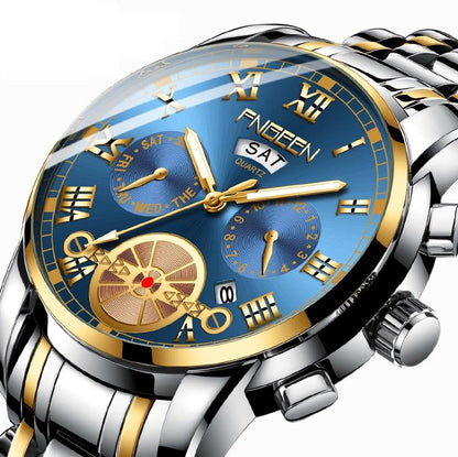 Gold Blue Multi-Function Men Quartz Watch-1915198337519325186