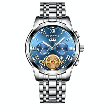 Men Multi-Function Quartz Watch With Blue Dial And White Steel Band-1915197993368293376