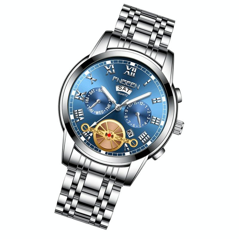 Men Multi-Function Quartz Watch With Blue Dial And White Steel Band-1915197993368293377
