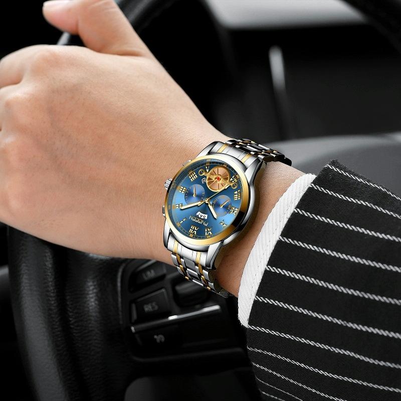 Men Multi-Function Quartz Watch With Blue Dial And White Steel Band-1915197993368293381