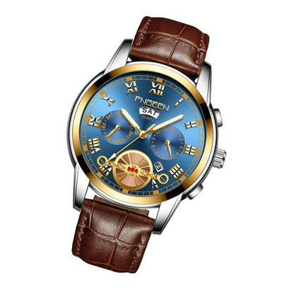 Men Multi-Function Quartz Watch With Brown Leather Strap And Gold Blue Dial-1915197644569972737