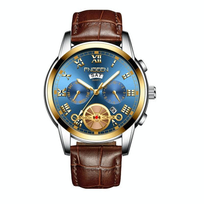 Men Multi-Function Quartz Watch With Brown Leather Strap And Gold Blue Dial-1915197644569972743