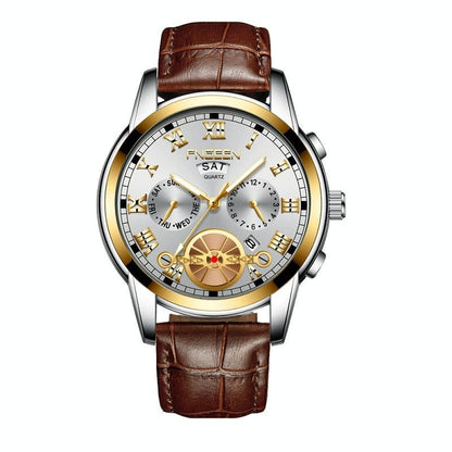 Men Multi-Function Quartz Watch With Brown Leather Strap And Gold White Dial-1915197451250307072