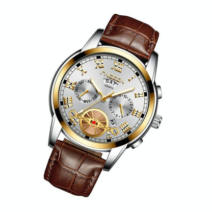 Men Multi-Function Quartz Watch With Brown Leather Strap And Gold White Dial-1915197451250307073