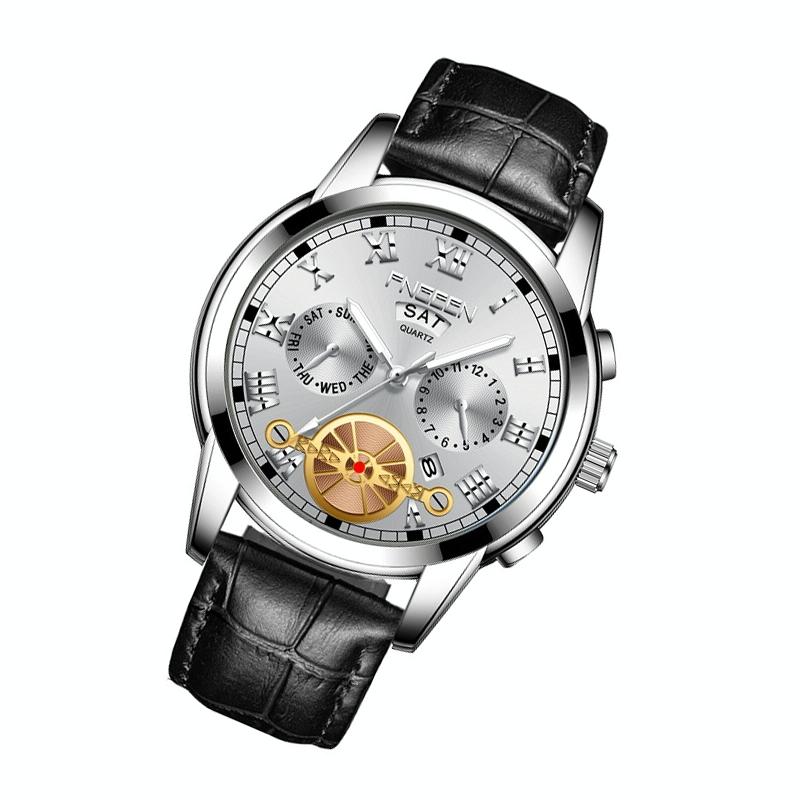 Men Multi-Function Quartz Watch With Black Leather Strap And White Steel Case-1915197274221318145