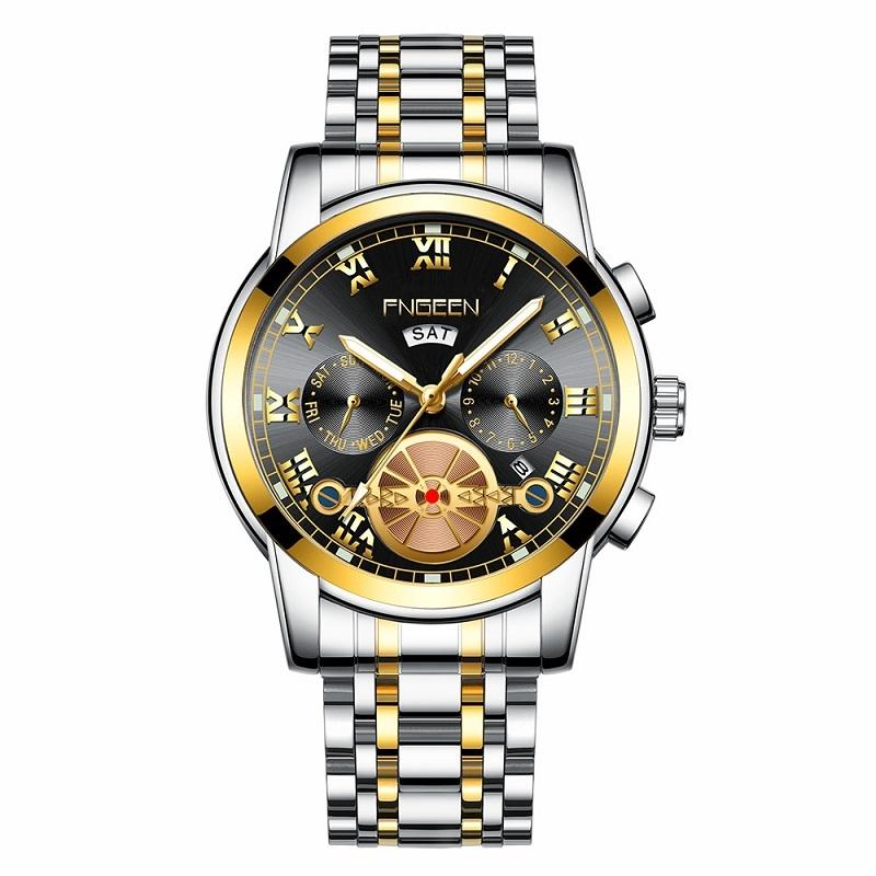 Gold Black Multi-Function Men Quartz Watch With Gold Nails-1915197035892576263