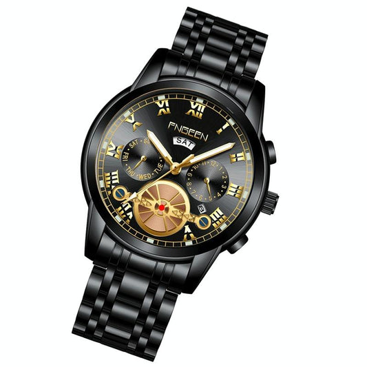 Men Multi-Function Quartz Watch - Black Steel With Gold Accents-1915198007868002305