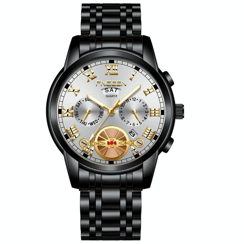 Men Multi-Function Quartz Watch - Black Steel With White Face And Gold Accents-1915197710860947463
