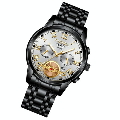 Men Multi-Function Quartz Watch - Black Steel With White Face And Gold Accents-1915197710860947457