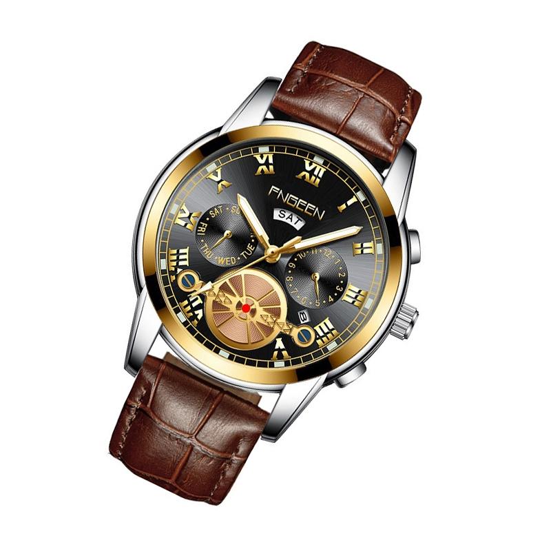 Men Multi-Function Quartz Watch With Brown Leather Strap And Gold Black Dial-1915197541528506369