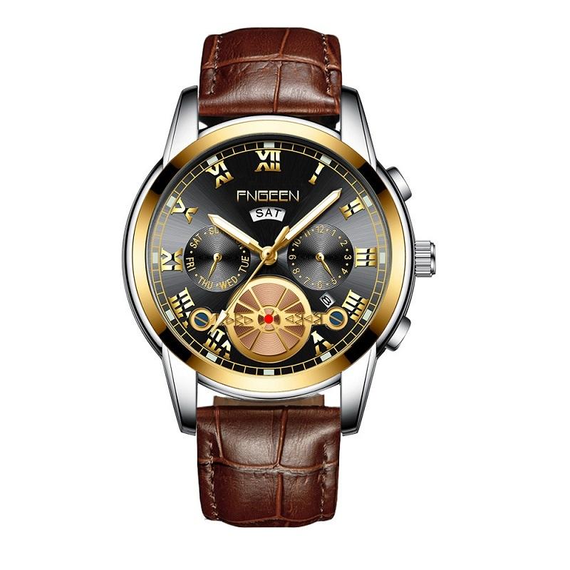 Men Multi-Function Quartz Watch With Brown Leather Strap And Gold Black Dial-1915197541528506375