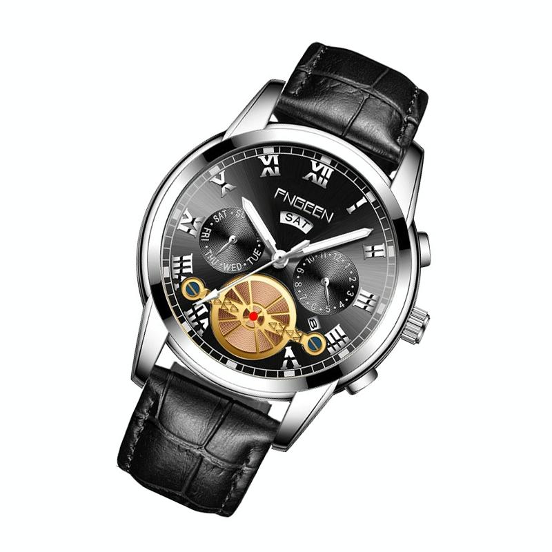 Men Multi-Function Quartz Watch - Black Leather Band White Steel Face-1915197663888936961