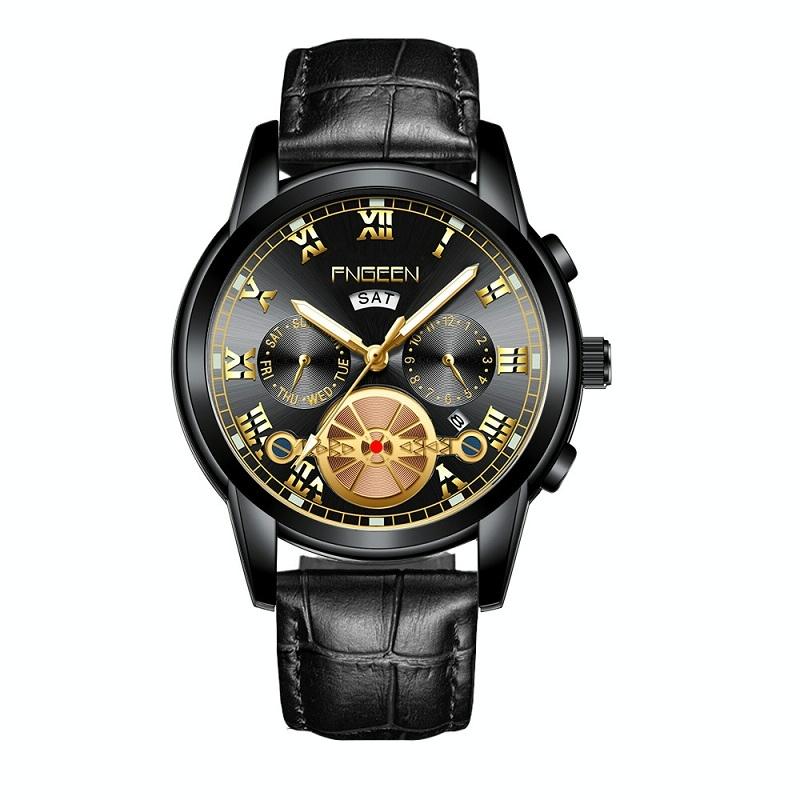 Men Multi-Function Quartz Watch - Black Leather And Steel With Black Surface-1915197471324246016