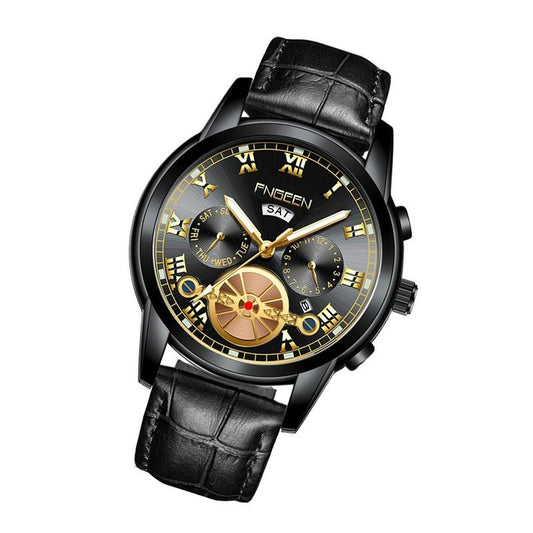 Men Multi-Function Quartz Watch - Black Leather And Steel With Black Surface-1915197471324246017