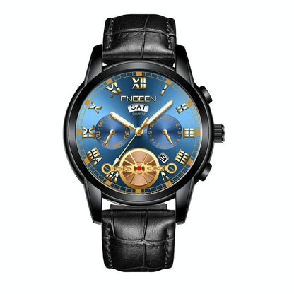 Men Multi-Function Quartz Watch With Black Leather Strap And Blue Dial-1915197199898251271