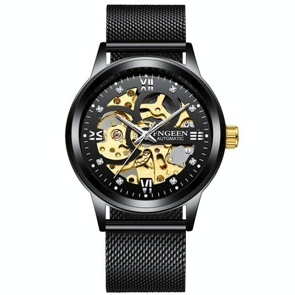 Waterproof Luminous Diamond Mechanical Watch With Double-Sided Hollow Design And Black Mesh Strap-1915196519347261440