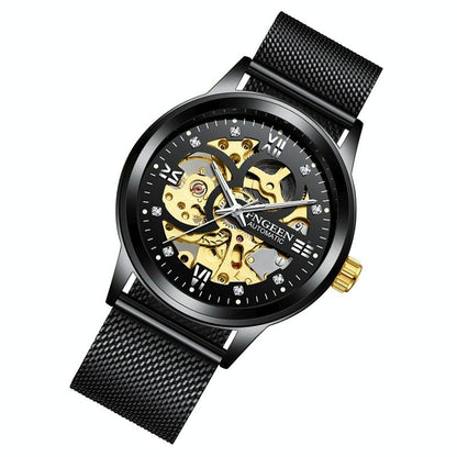 Waterproof Luminous Diamond Mechanical Watch With Double-Sided Hollow Design And Black Mesh Strap-1915196519347261441