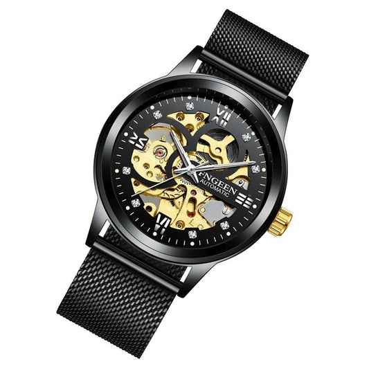 Waterproof Luminous Diamond Mechanical Watch With Double-Sided Hollow Design And Black Mesh Strap-1915196519347261441
