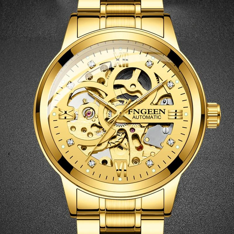 Waterproof Luminous Diamond Mechanical Watch With Double-Sided Hollow Design And Black Mesh Strap-1915196519347261443