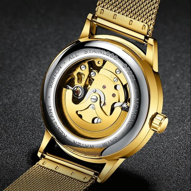 Waterproof Luminous Diamond Mechanical Watch With Double-Sided Hollow Design And Black Mesh Strap-1915196519347261444