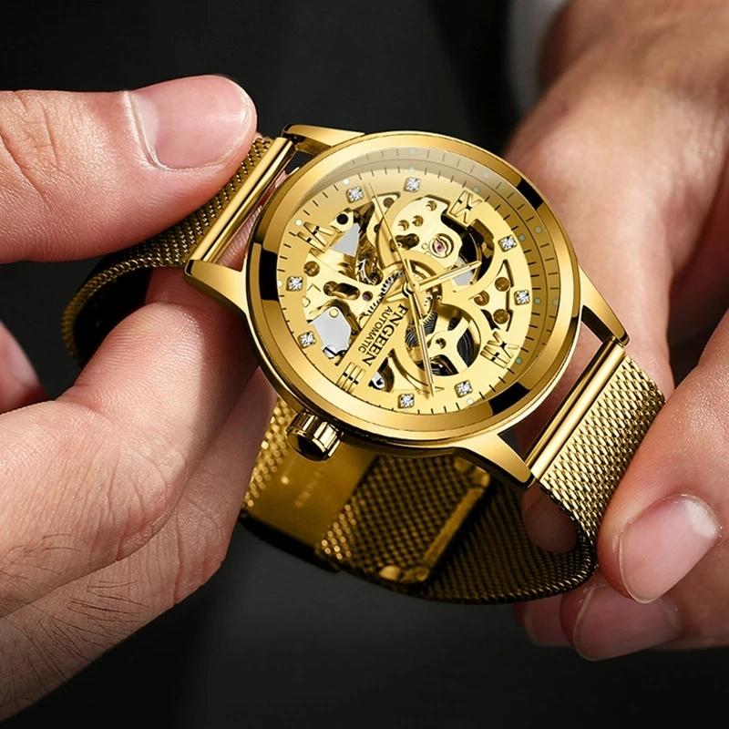 Waterproof Luminous Diamond Mechanical Watch With Double-Sided Hollow Design And Black Mesh Strap-1915196519347261445