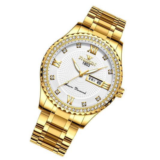 Men Luminous Quartz Watch - Full Gold With White Face-1915196514079215617