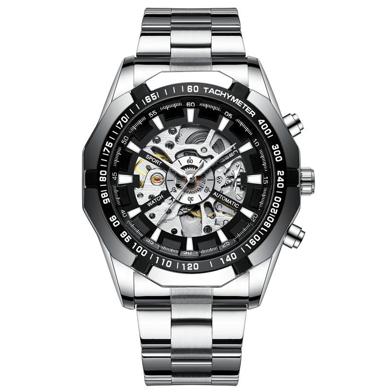 Stylish Men Automatic Mechanical Watch With Steel Band - Black-1915196695860350976