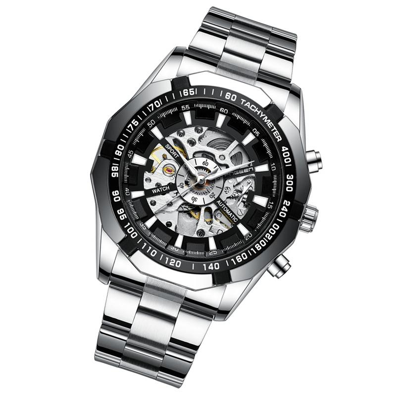 Stylish Men Automatic Mechanical Watch With Steel Band - Black-1915196695860350977