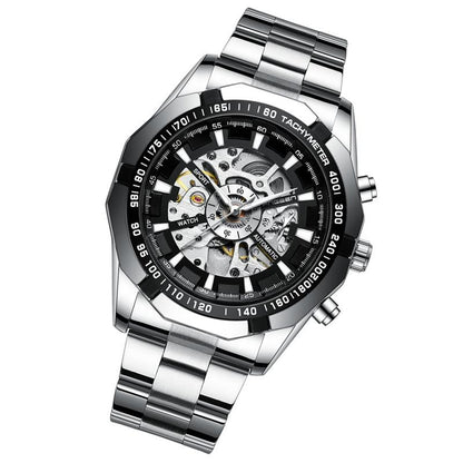 Stylish Men Automatic Mechanical Watch With Steel Band - Black-1915196695860350977
