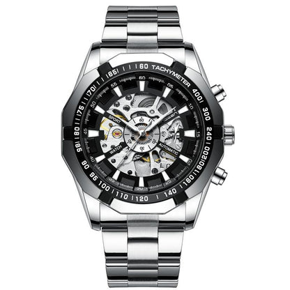 Stylish Men Automatic Mechanical Watch With Steel Band - Black-1915196695860350983