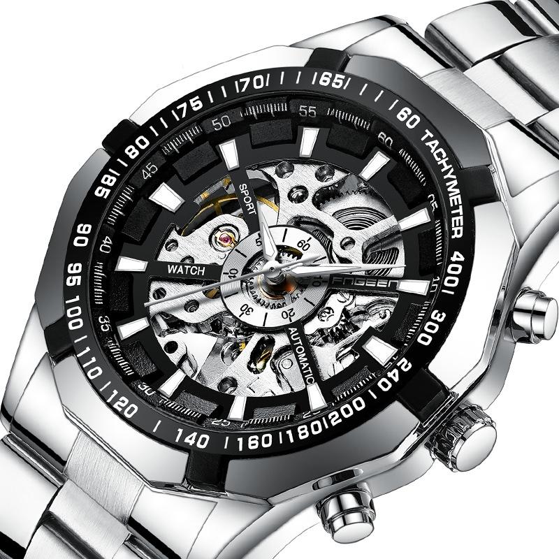 Stylish Men Automatic Mechanical Watch With Steel Band - Black-1915196695860350979