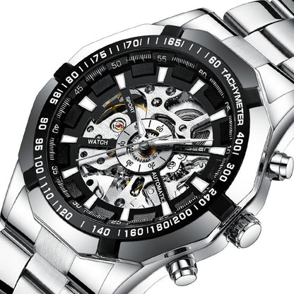 Stylish Men Automatic Mechanical Watch With Steel Band - Black-1915196695860350979