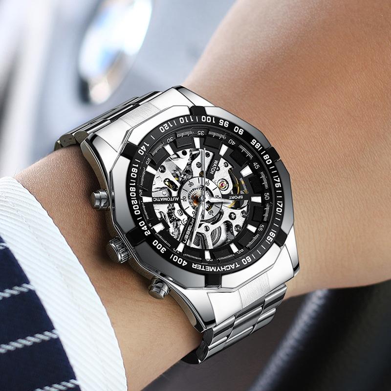 Stylish Men Automatic Mechanical Watch With Steel Band - Black-1915196695860350981