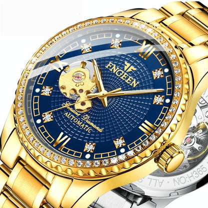 Gold Automatic Mechanical Watch With Diamond Accents For Men-1915196540943732738