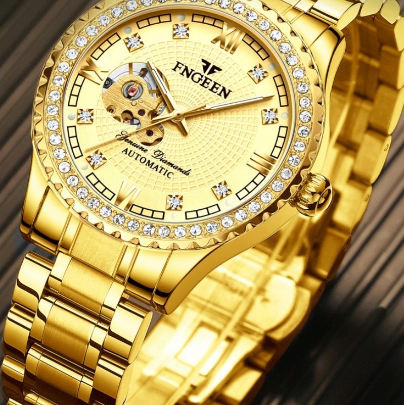 Gold Automatic Mechanical Watch With Diamond Accents For Men-1915196540943732739