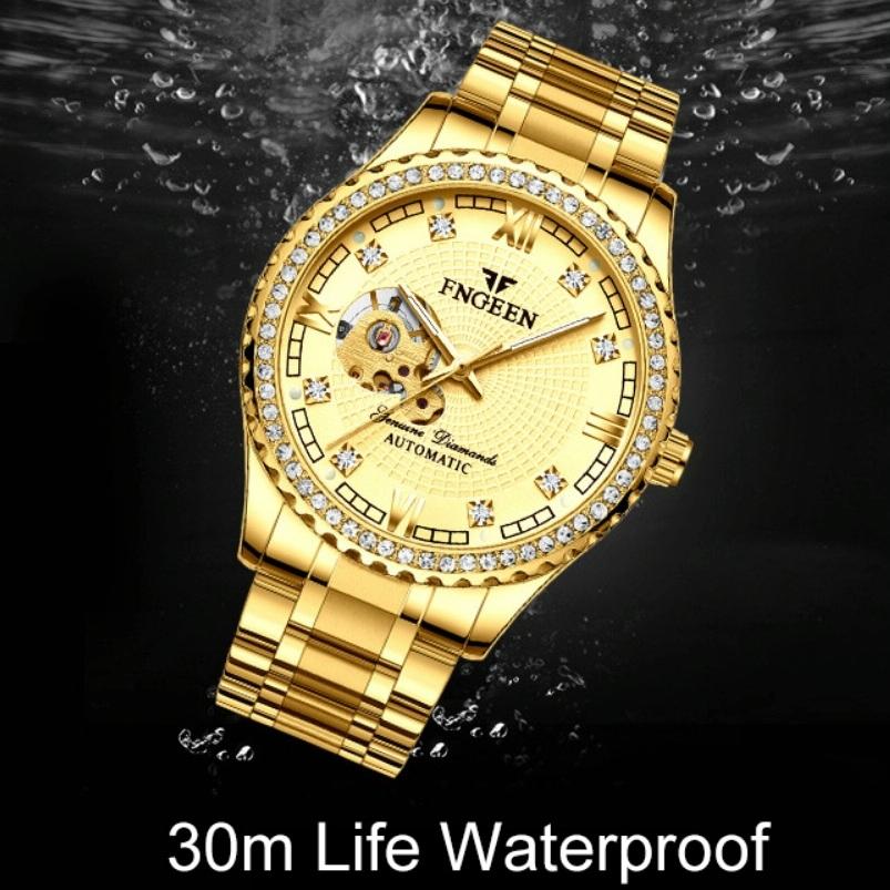 Gold Automatic Mechanical Watch With Diamond Accents For Men-1915196540943732741