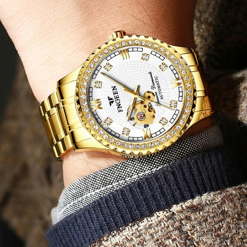 Gold Automatic Mechanical Watch With Diamond Accents For Men-1915196540943732743