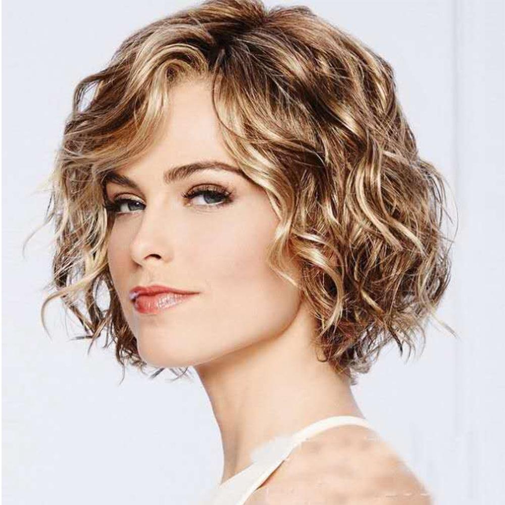 Women Short Curly Wig With Oblique Bangs - Natural Look-1962691925224067073