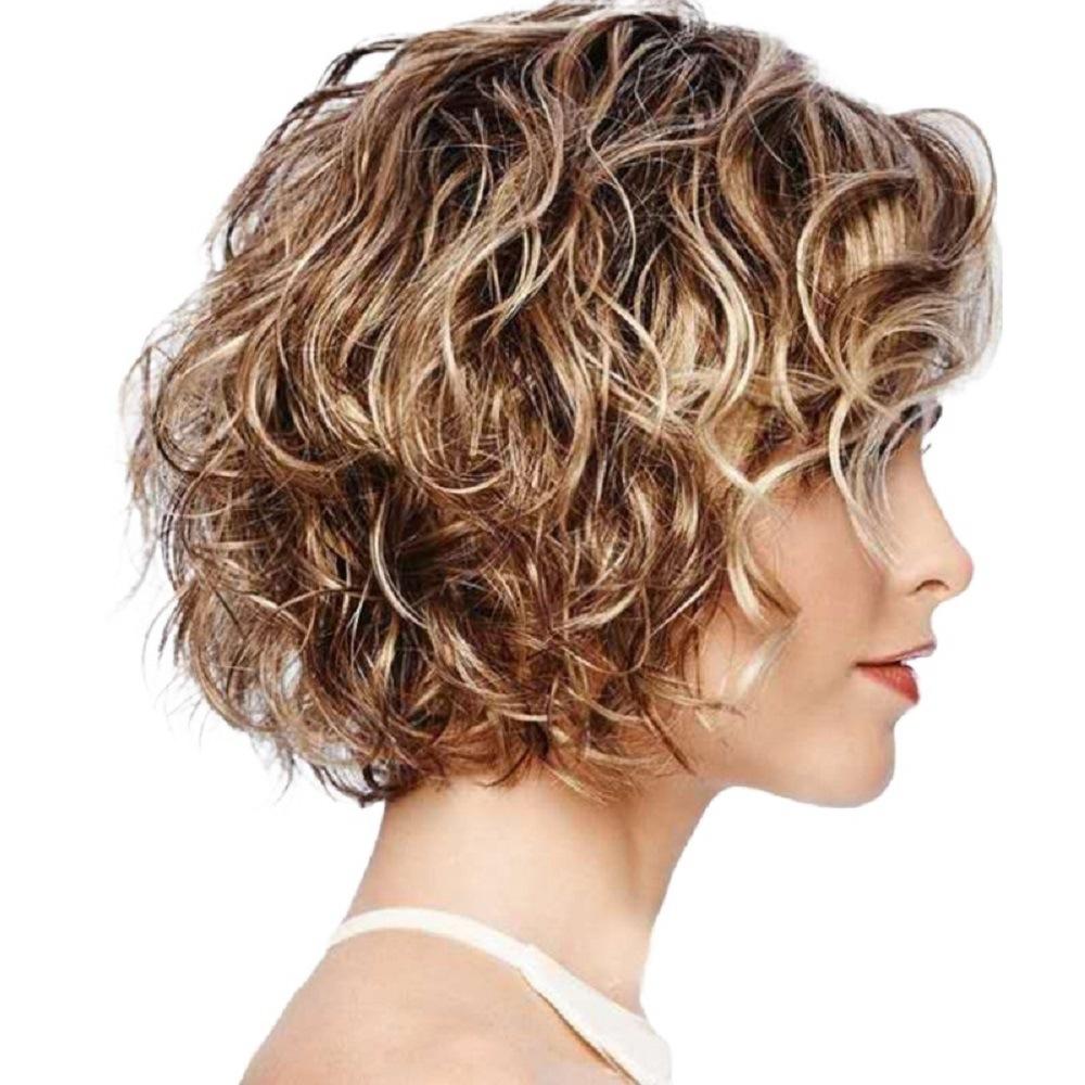 Women Short Curly Wig With Oblique Bangs - Natural Look-1962691925224067074