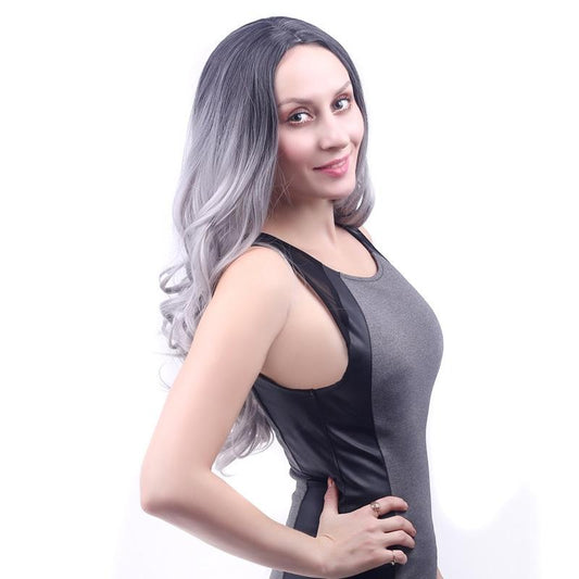 Medium Curly Wig With Bangs - Gray-1915196864752390145