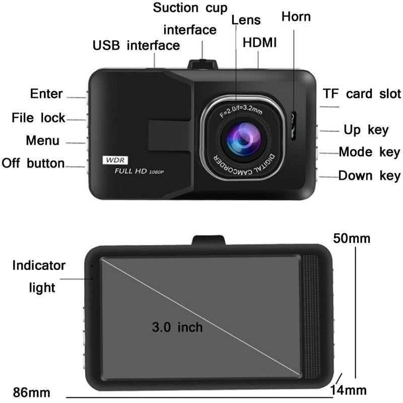 1080P Hd 3.0 Wide-Angle Driving Recorder With Reversing Image - Compact Size-1915198294091501571