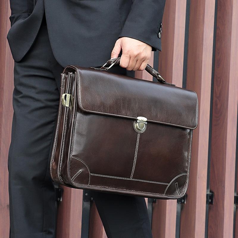 Retro Cowhide Leather Briefcase For 15.6 Laptop - Multifunctional - Coffee-1924671880376225798