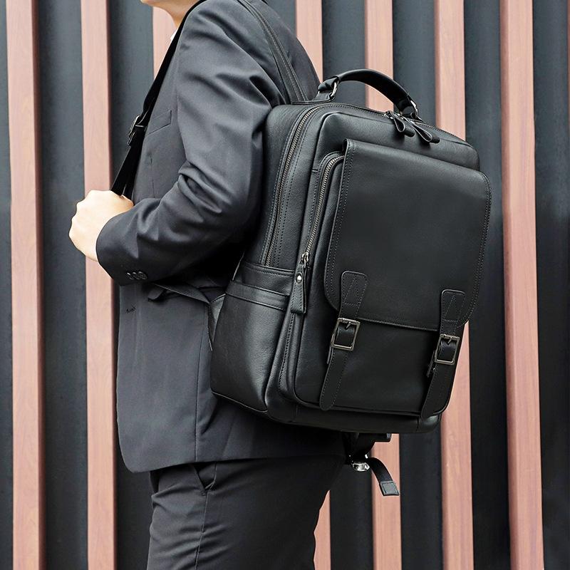 Men Black Cowhide Leather Backpack For Casual Business With Laptop Compartment-1915196968905347078