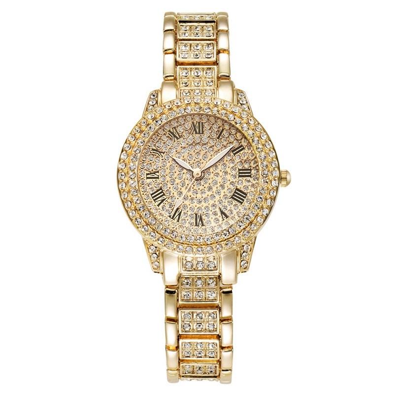 Gold Full Diamond Roman Steel Strap Quartz Watch-1915198345085849605